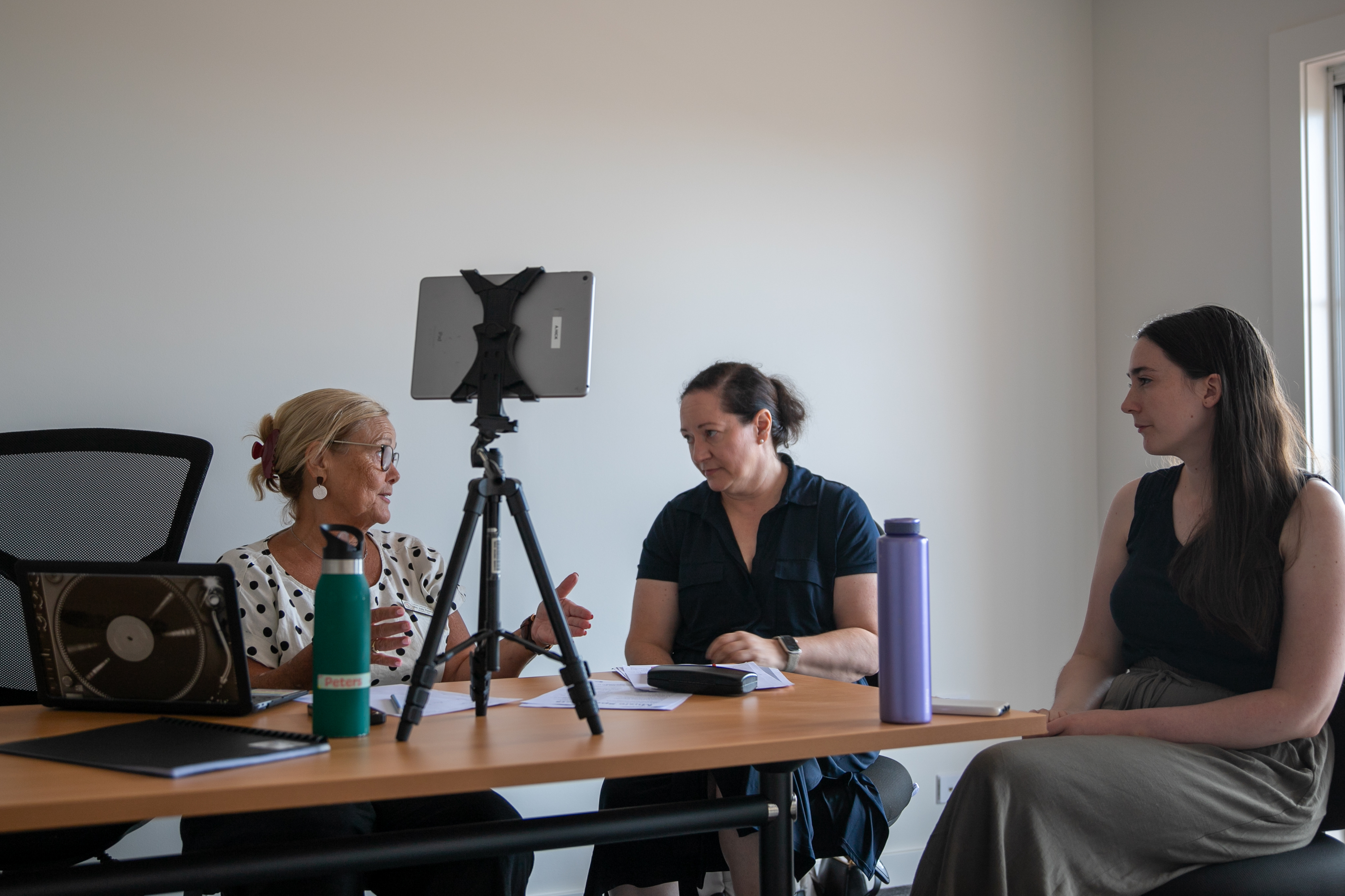 (L-R) Mrs Judy Peters, Dr Anita Collins and Miss Emma Newby analysing vision of students for a beat-keeping screener.