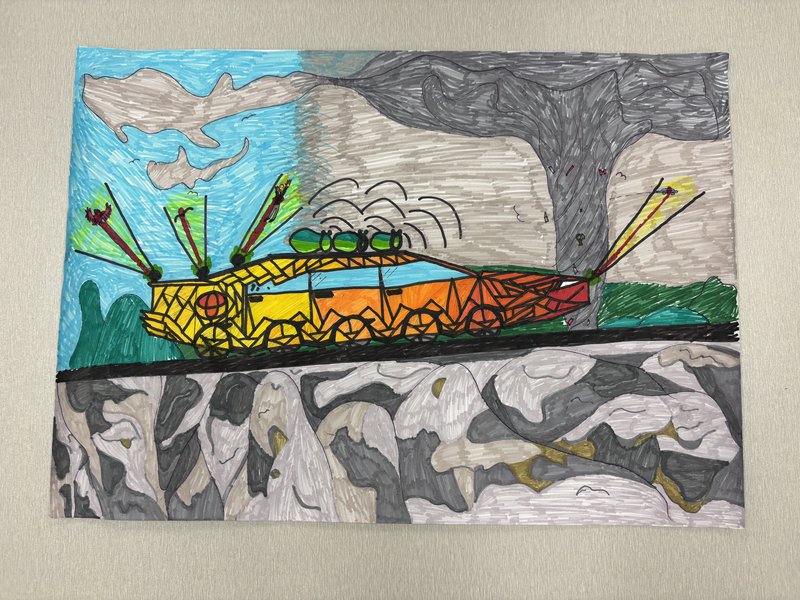 AD Yr 6   “Tornadular”  The Tornadular is an armored vehicle equipped with different aspects of nature to improve its design and performance when rescuing people and animals from devastating tornadoes. It has 3 sacs on its roof that act like parachutes, catching the wind to slow the car down, they then release the air to make a loud noise to warn civilians of the incoming high speed car, also, the car is equipped with spotlights and elastic tongues that shoot out to save people from the disaster. There are also armour plates covering the car, protecting it from any incoming projectiles, plates can lower over the wheels to protect them from puncturing from debris. These functions come from frogs, armadillos and turtles, all to improve the car and save people from destructive tornadoes.